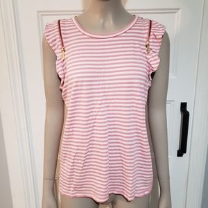 Michael Kors Zip Striped Top Womens M Pink White Ruffle Cap Sleeve Pullover
